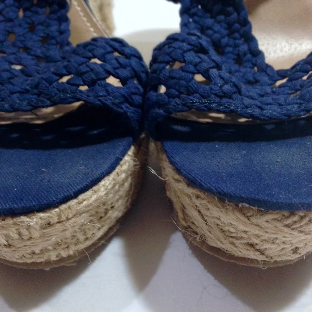 Steve Madden Navy Crochet Espadrille Wedge Sandals with Braided Jute Heel